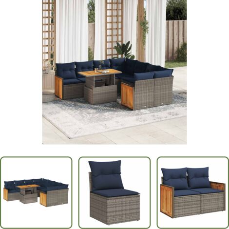 vidaXL Muebles de jardín -  Set sofás jardín y cojines 9 pzas ratán sintético acacia gris