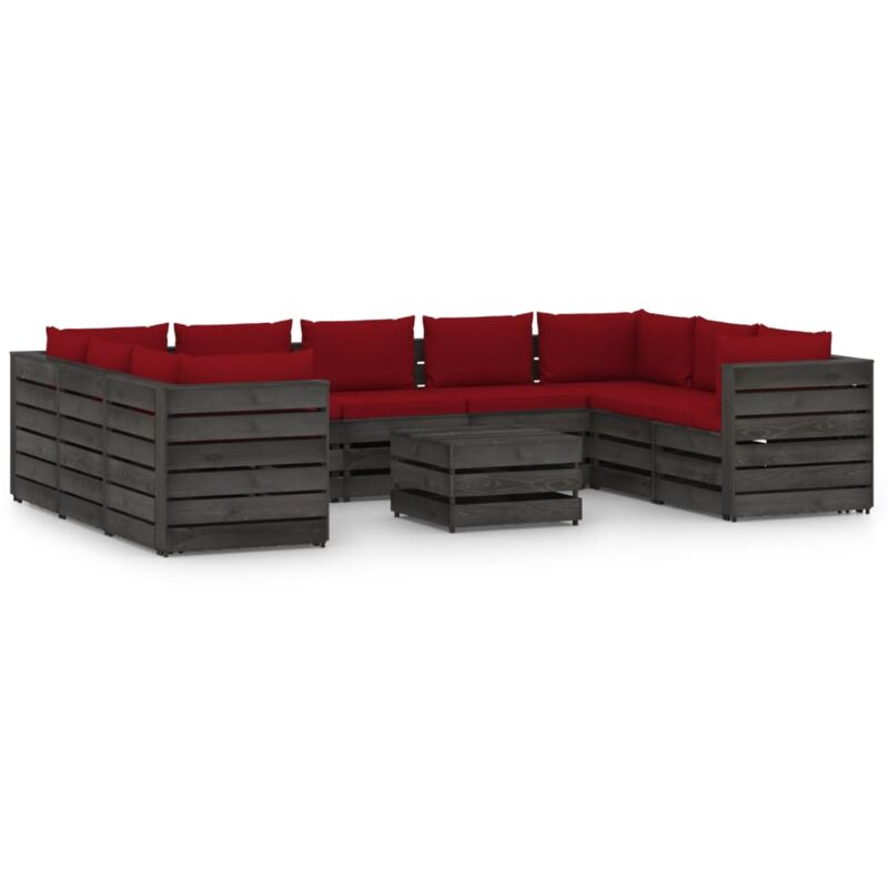 

Muebles de jardín 10 piezas con cojines madera impregnada gris - Rojo - Vidaxl