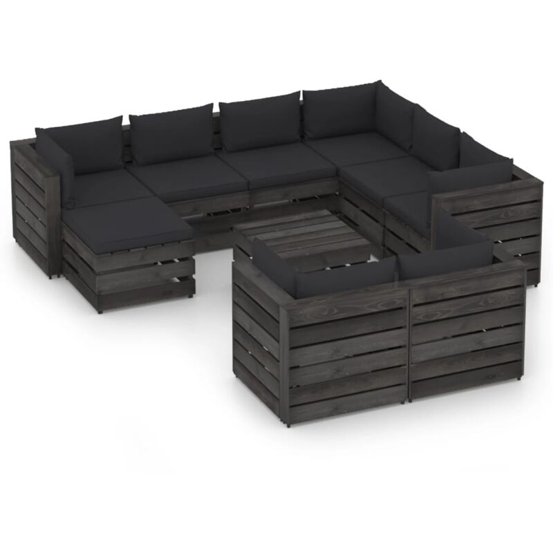 

Muebles de jardín 10 piezas con cojines madera impregnada gris - Negro - Vidaxl