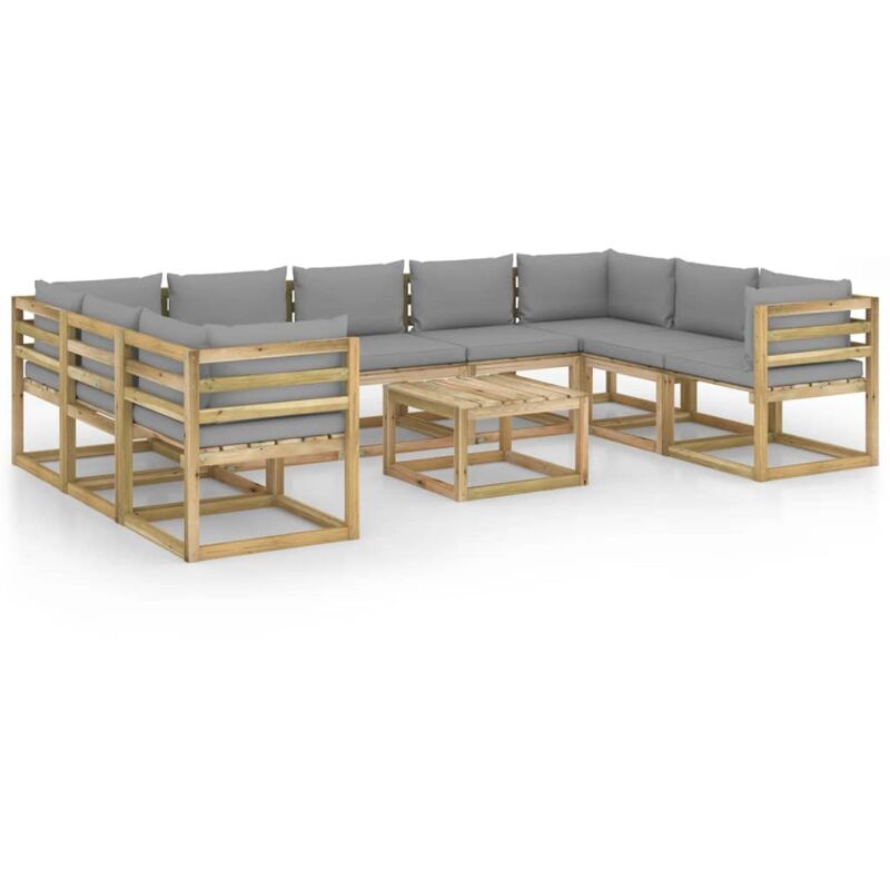 

vidaXL Muebles de jardín 10 piezas con cojines madera impregnada gris - Marrón
