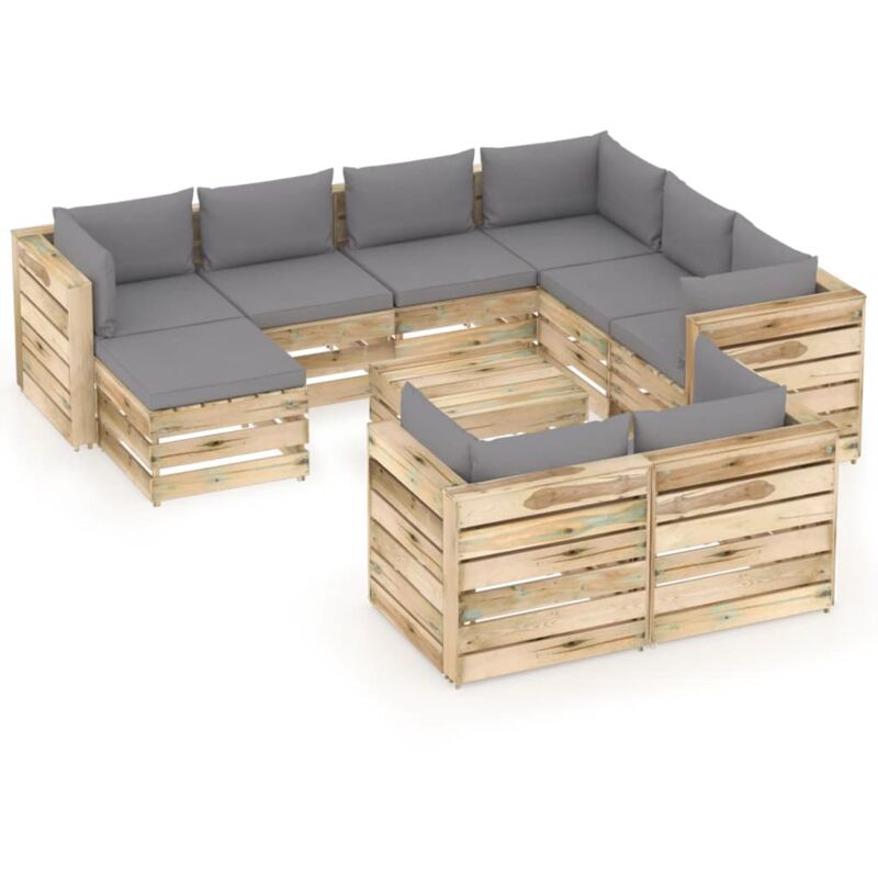 

vidaXL Muebles de jardín 10 piezas con cojines madera impregnada verde - Gris