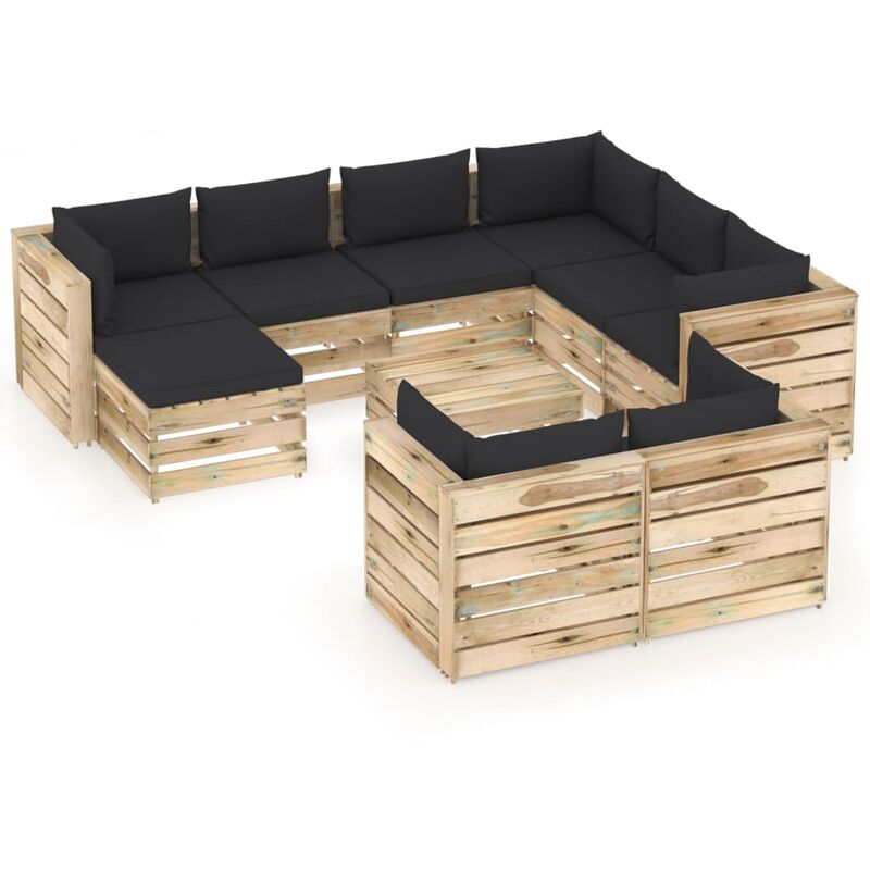 

Muebles de jardín 10 piezas con cojines madera impregnada verde - Negro - Vidaxl