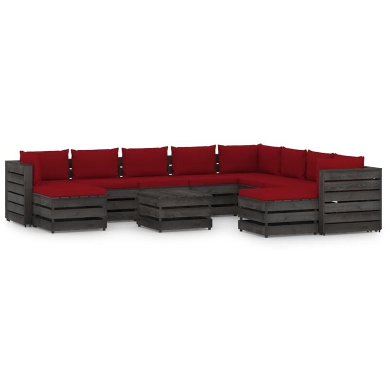 

Muebles de jardín 11 piezas con cojines madera impregnada gris - Rojo - Vidaxl