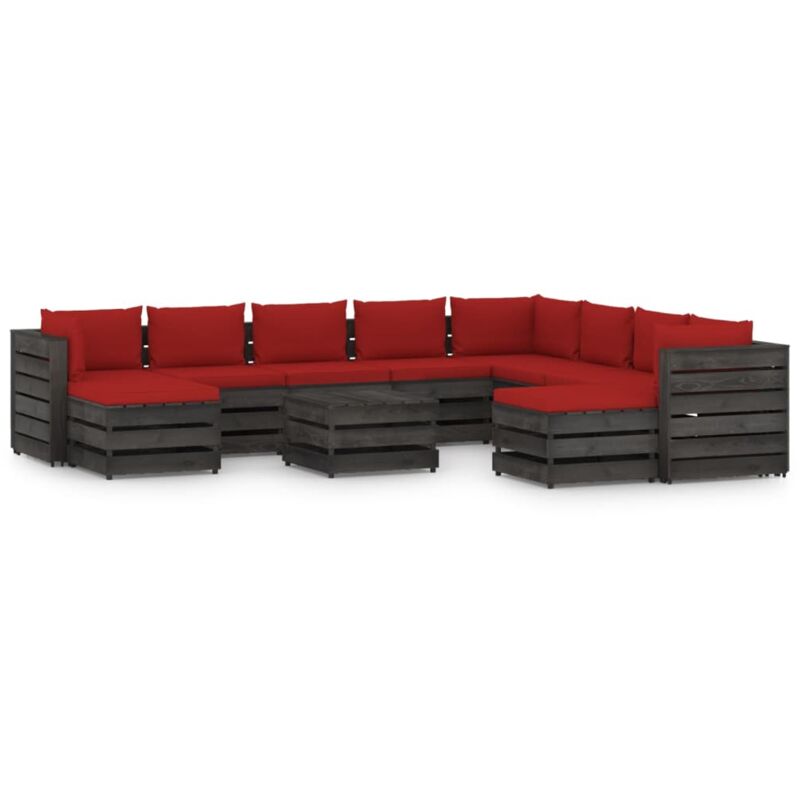 

Muebles de jardín 11 piezas con cojines madera impregnada gris - Rojo - Vidaxl