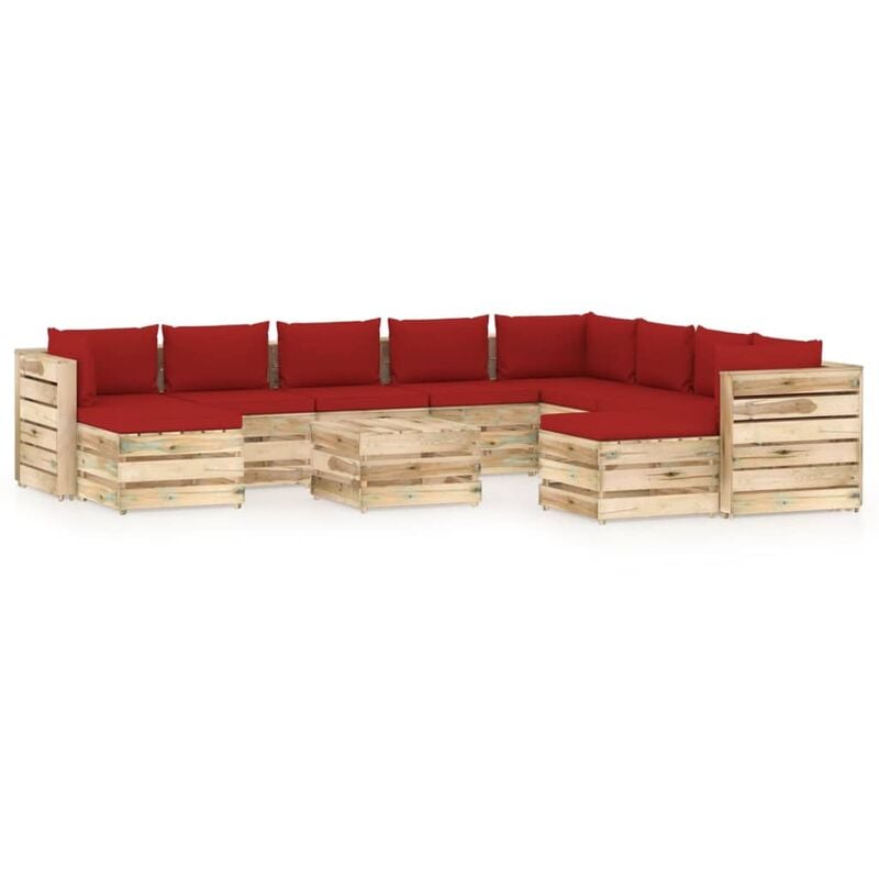 

Muebles de jardín 11 piezas con cojines madera impregnada verde - Rojo - Vidaxl