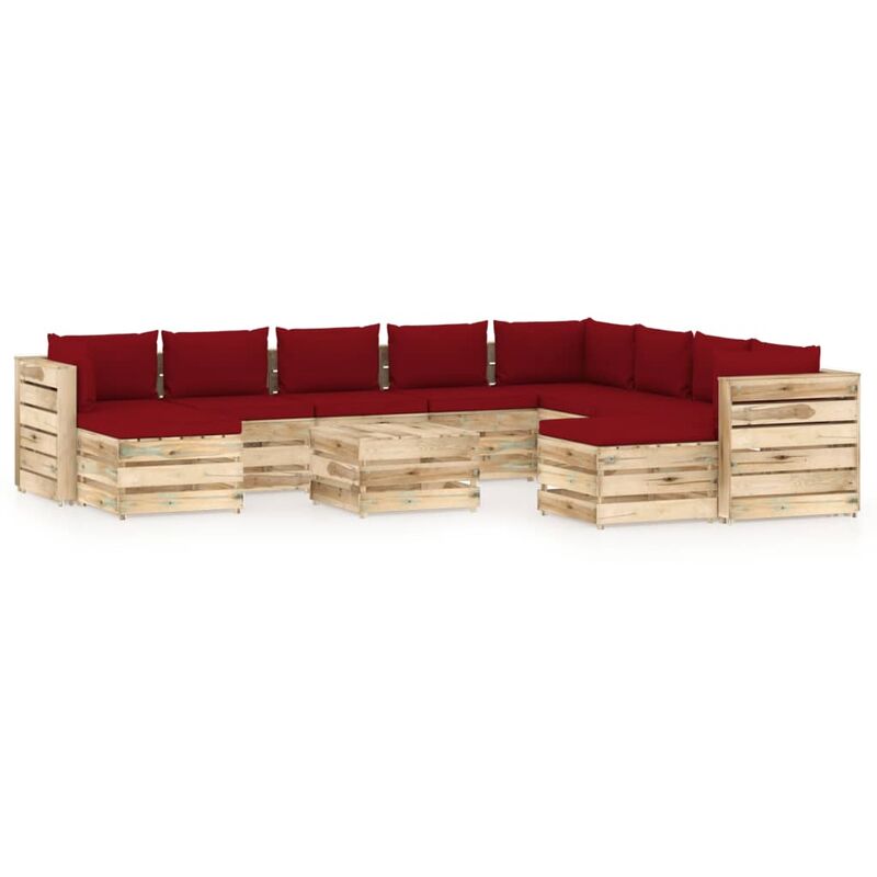 

Muebles de jardín 11 piezas con cojines madera impregnada verde - Rojo - Vidaxl