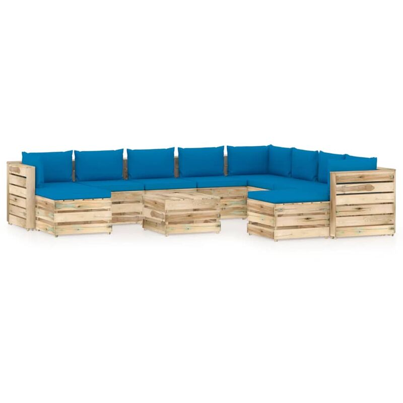 

Muebles de jardín 11 piezas con cojines madera impregnada verde - Azul - Vidaxl