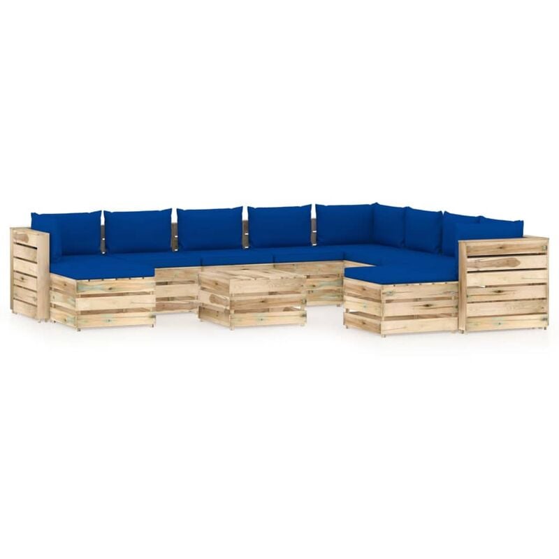 

Muebles de jardín 11 piezas con cojines madera impregnada verde - Azul - Vidaxl