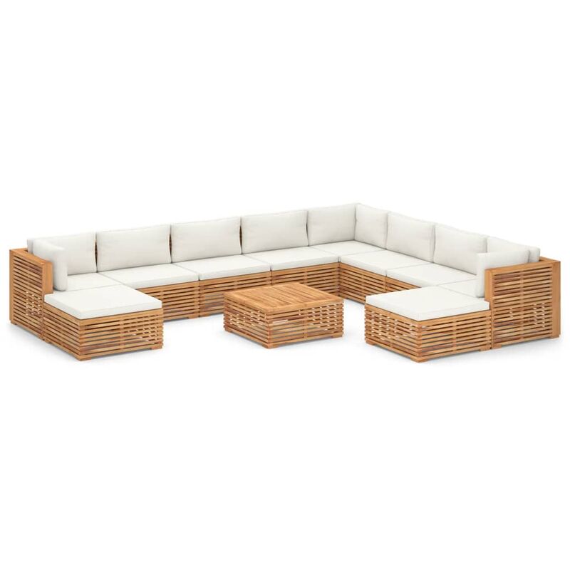 

Muebles de jardín 11 pzas con cojines crema madera maciza teca - Marrón - Vidaxl