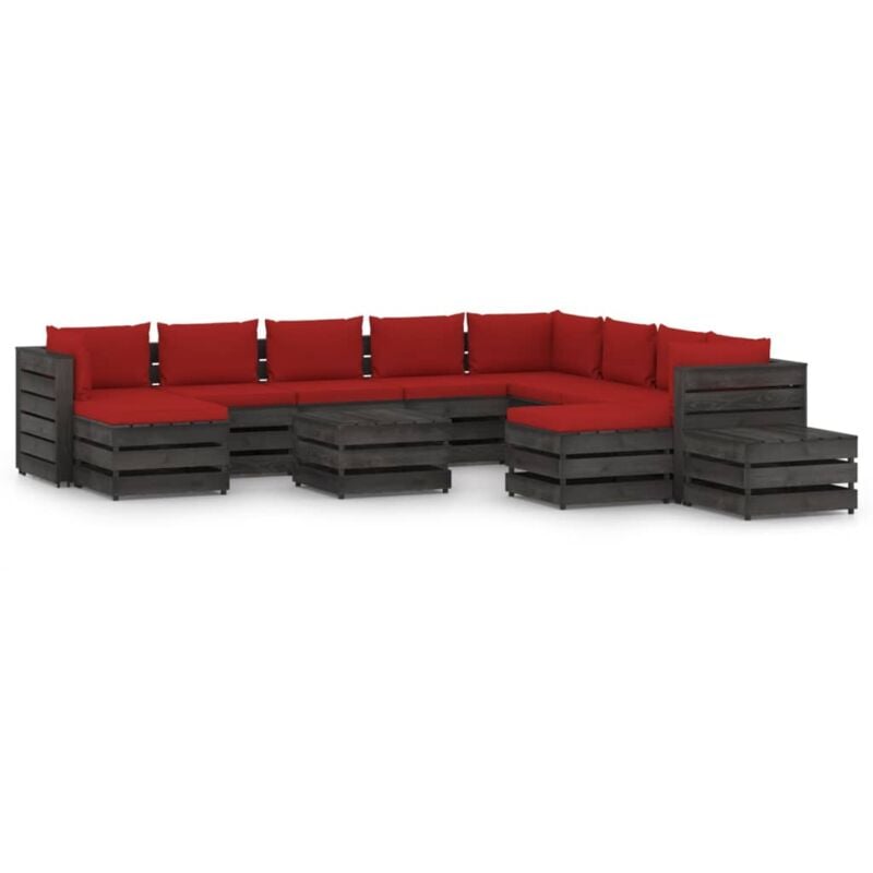 

Muebles de jardín 12 piezas con cojines madera impregnada gris - Rojo - Vidaxl