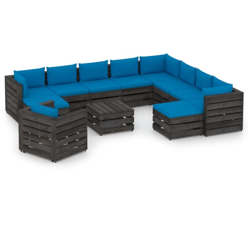 

Muebles de jardín 12 piezas con cojines madera impregnada gris - Azul - Vidaxl
