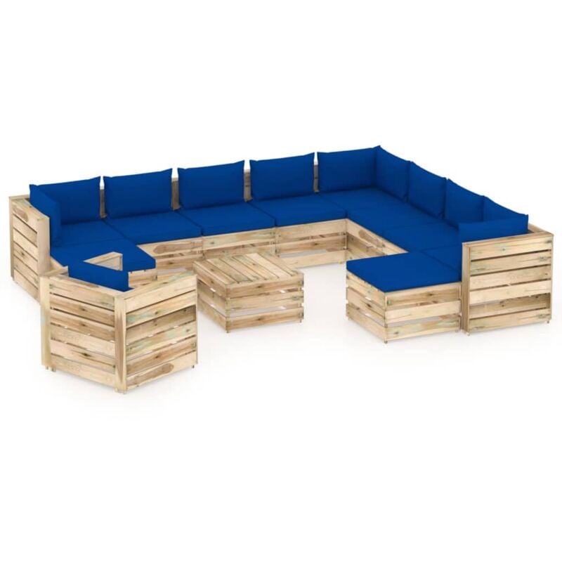 

Muebles de jardín 12 piezas con cojines madera impregnada verde - Azul - Vidaxl