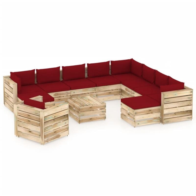 

Muebles de jardín 12 piezas con cojines madera impregnada verde - Rojo - Vidaxl