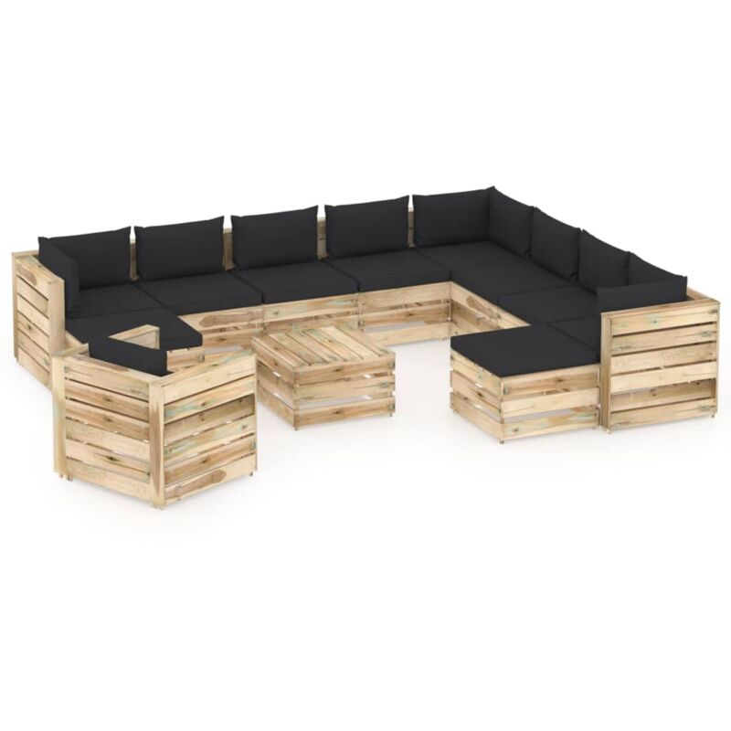 

Muebles de jardín 12 piezas con cojines madera impregnada verde - Negro - Vidaxl