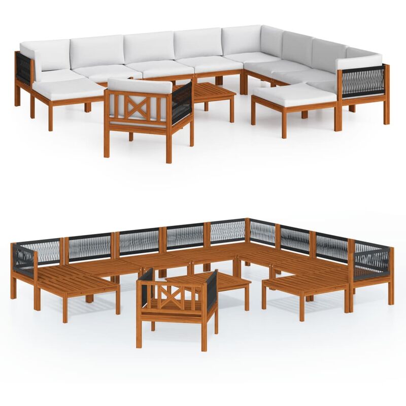 

vidaXL Muebles de jardín 12 pzas cojines crema madera maciza acacia - Marrón