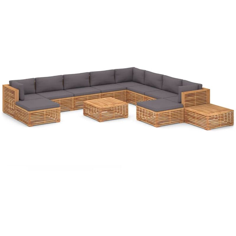 

Muebles de jardín 12 pzas cojín gris oscuro madera maciza teca - Marrón - Vidaxl