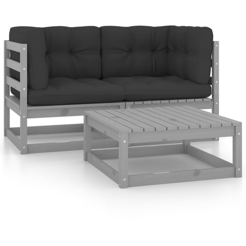 

vidaXL Muebles de jardín 3 piezas con cojines madera de pino maciza - Gris