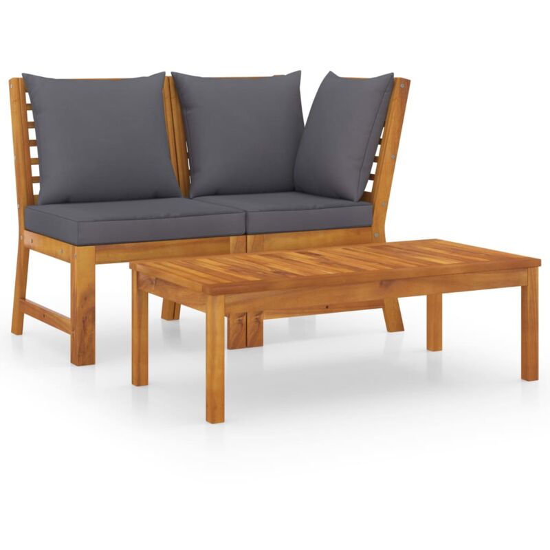 

vidaXL Muebles de jardín 3 pzas madera de acacia y cojines gris oscuro - Marrón