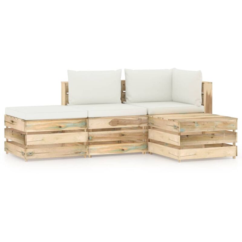 

vidaXL Muebles de jardín 4 piezas con cojines madera impregnada verde - Crema