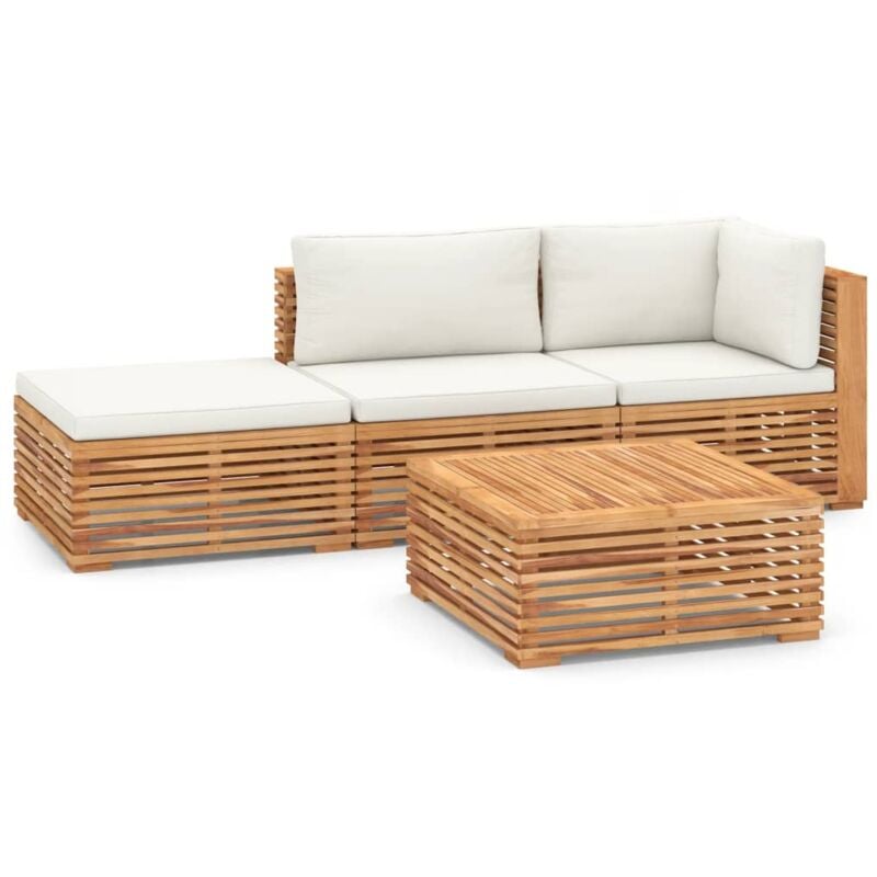 

Muebles de jardín 4 piezas madera maciza teca con cojines crema - Marrón - Vidaxl