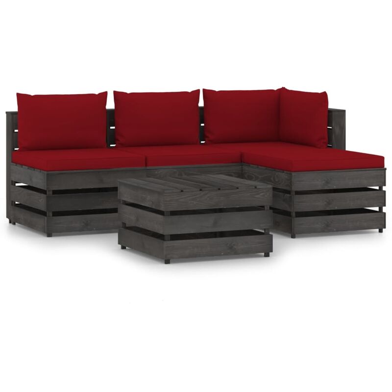 

vidaXL Muebles de jardín 5 piezas con cojines madera impregnada gris - Rojo