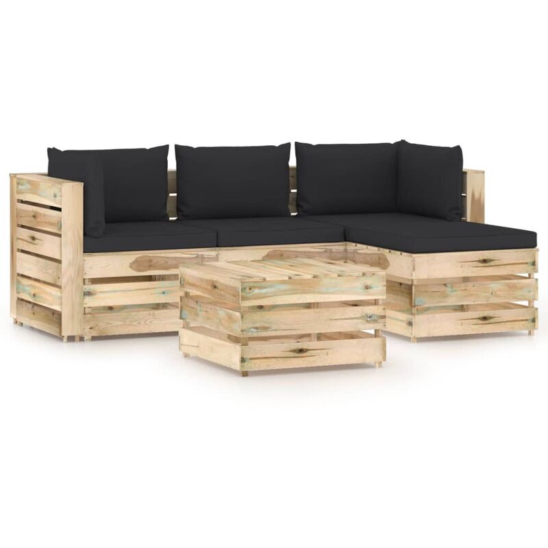 

vidaXL Muebles de jardín 5 piezas con cojines madera impregnada verde - Negro