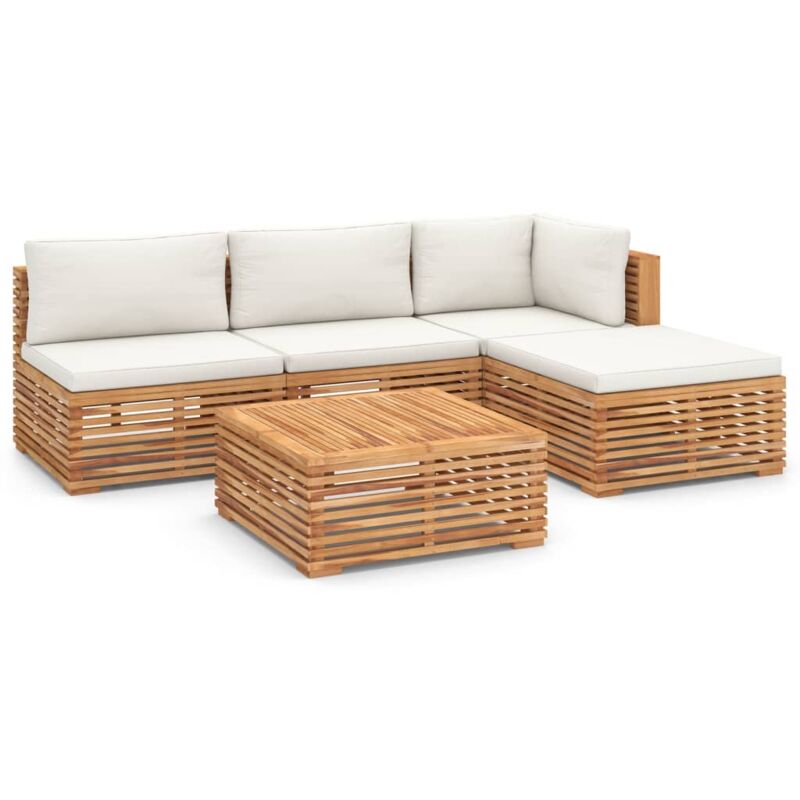 

Muebles de jardín 5 piezas madera maciza teca con cojines crema - Marrón - Vidaxl