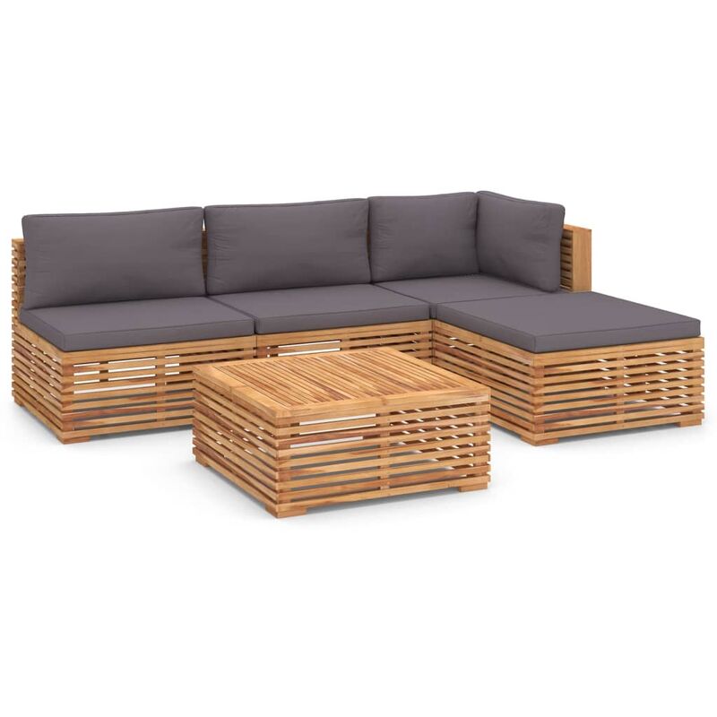 

Muebles de jardín 5 pzas cojines gris oscuro madera maciza teca - Marrón - Vidaxl