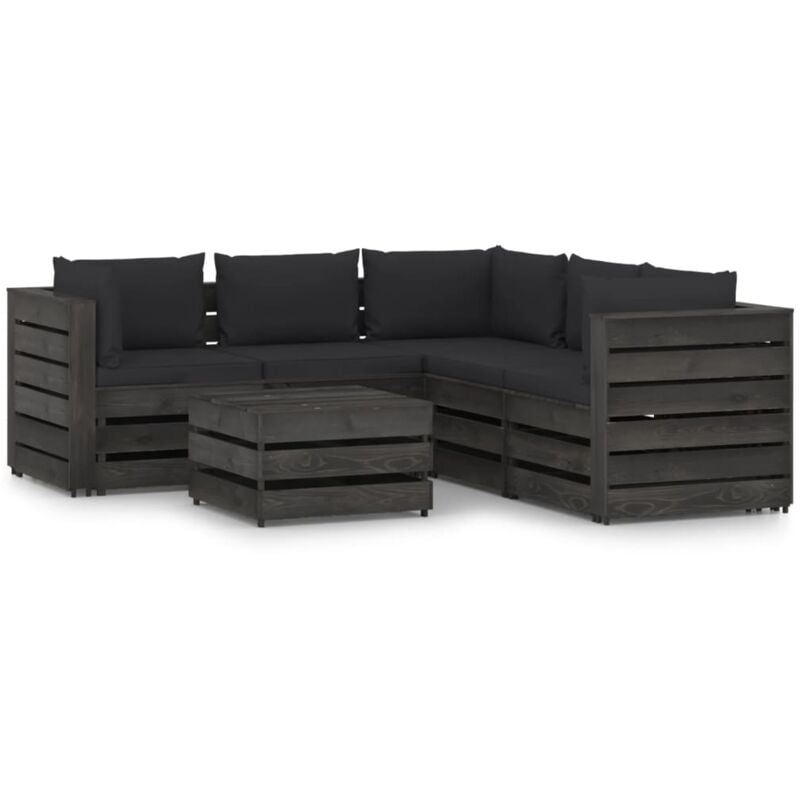 

Muebles de jardín 6 piezas con cojines madera impregnada gris - Negro - Vidaxl