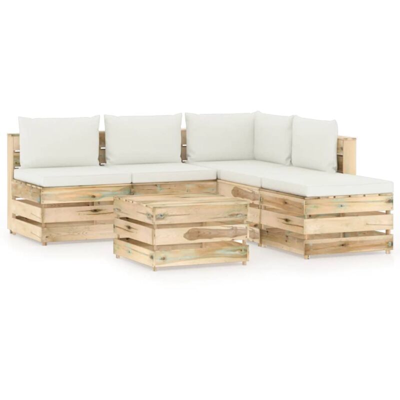 

vidaXL Muebles de jardín 6 piezas con cojines madera impregnada verde - Crema