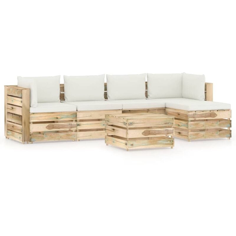 

vidaXL Muebles de jardín 6 piezas con cojines madera impregnada verde - Crema