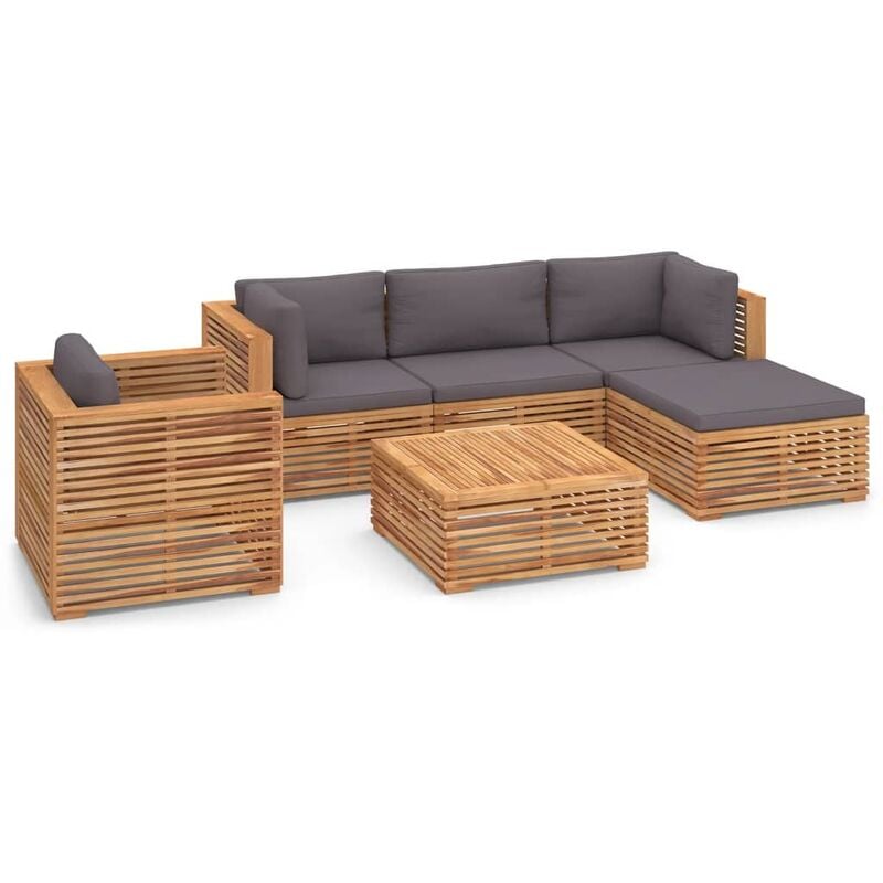 

vidaXL Muebles de jardín 6 pzas cojines gris oscuro madera maciza teca - Marrón