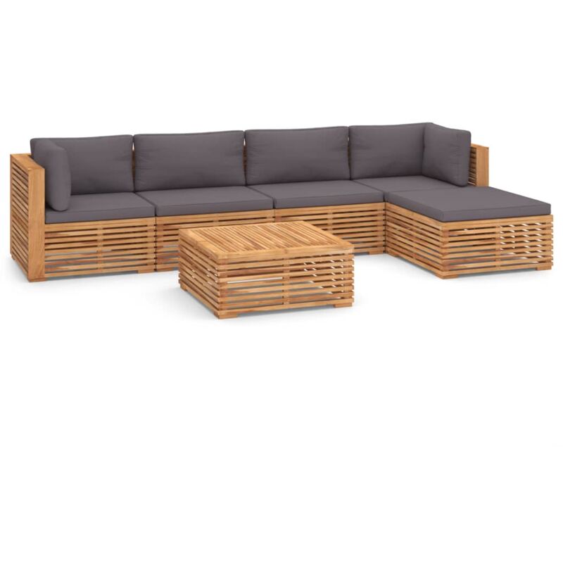 

vidaXL Muebles de jardín 6 pzas cojines gris oscuro madera maciza teca - Marrón