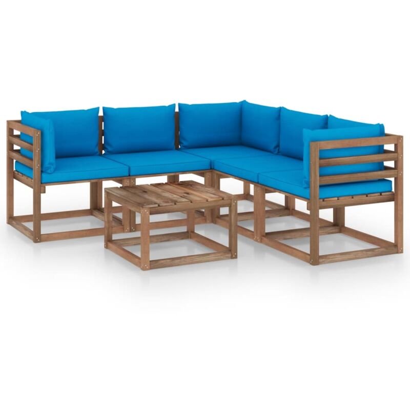 

vidaXL Muebles de jardín 6 pzs cojín azul claro madera pino impregnada - Marrón