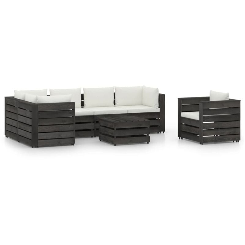 

Muebles de jardín 7 piezas con cojines madera impregnada gris - Crema - Vidaxl