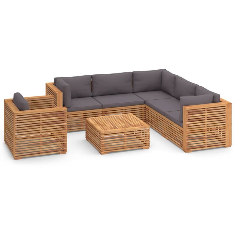 

vidaXL Muebles de jardín 7 pzas cojines gris oscuro madera maciza teca - Marrón