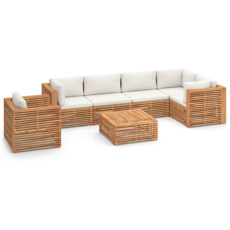 

Muebles de jardín 7 pzas con cojines crema madera maciza teca - Marrón - Vidaxl