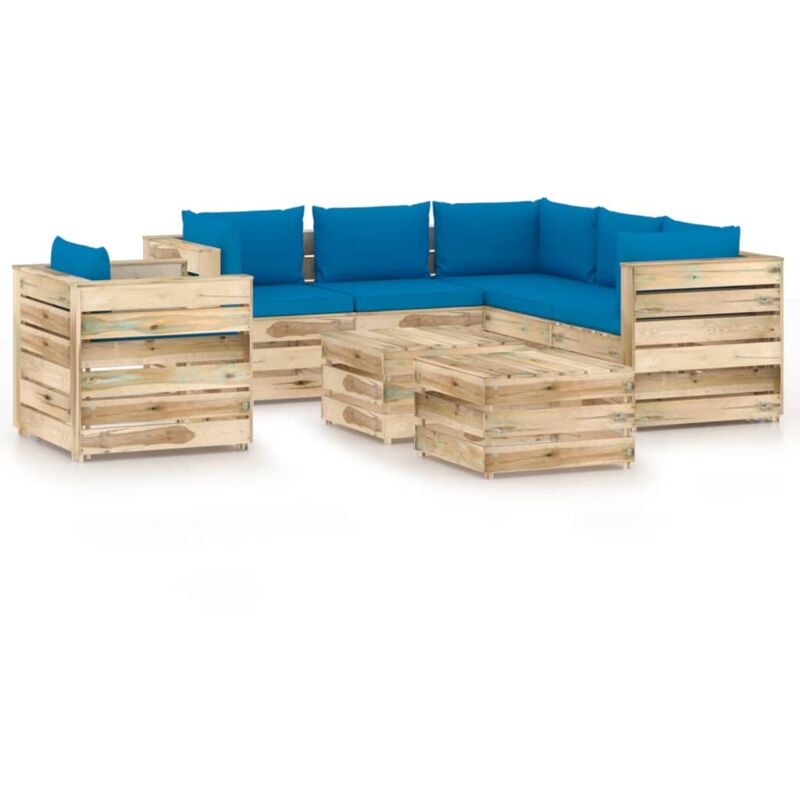 

Muebles de jardín 8 piezas con cojines madera impregnada verde - Azul - Vidaxl