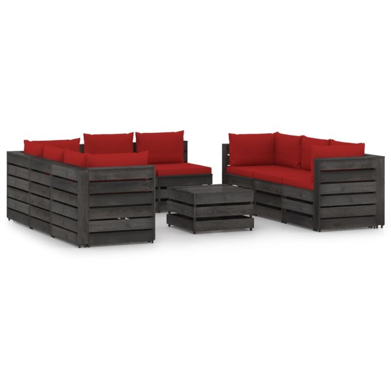

Muebles de jardín 9 piezas con cojines madera impregnada gris - Rojo - Vidaxl
