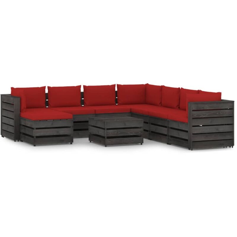 

Muebles de jardín 9 piezas con cojines madera impregnada gris - Rojo - Vidaxl