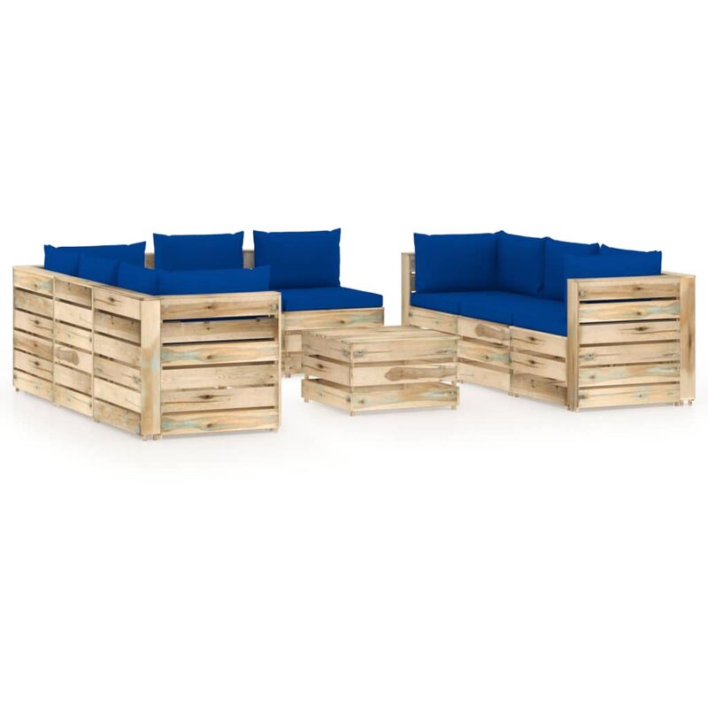 

Muebles de jardín 9 piezas con cojines madera impregnada verde - Azul - Vidaxl