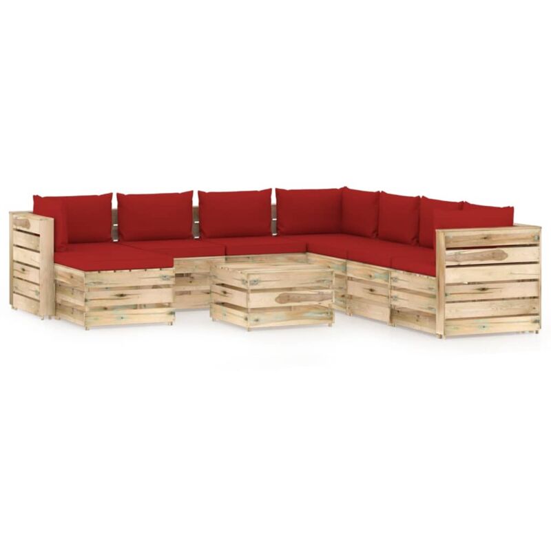 

Muebles de jardín 9 piezas con cojines madera impregnada verde - Rojo - Vidaxl