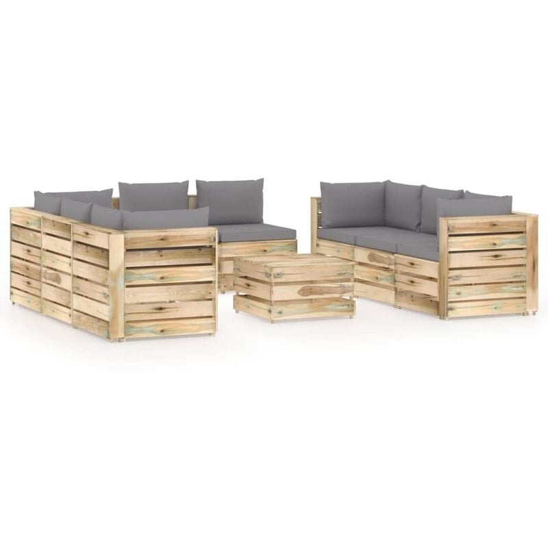 

Muebles de jardín 9 piezas con cojines madera impregnada verde - Gris - Vidaxl