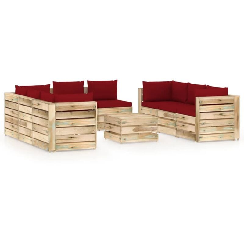 

Muebles de jardín 9 piezas con cojines madera impregnada verde - Rojo - Vidaxl