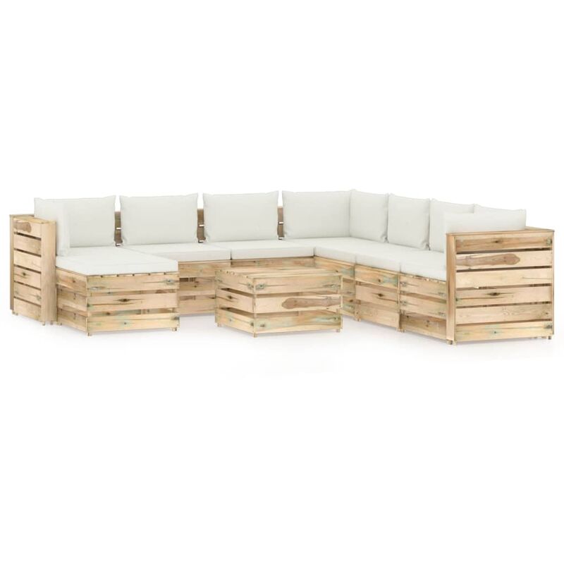 

Muebles de jardín 9 piezas con cojines madera impregnada verde - Crema - Vidaxl
