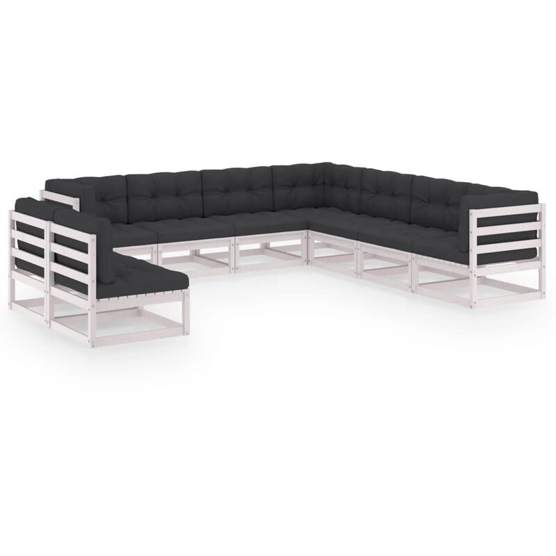 

vidaXL Muebles de jardín 9 pzas y cojines blanco madera maciza pino - Blanco