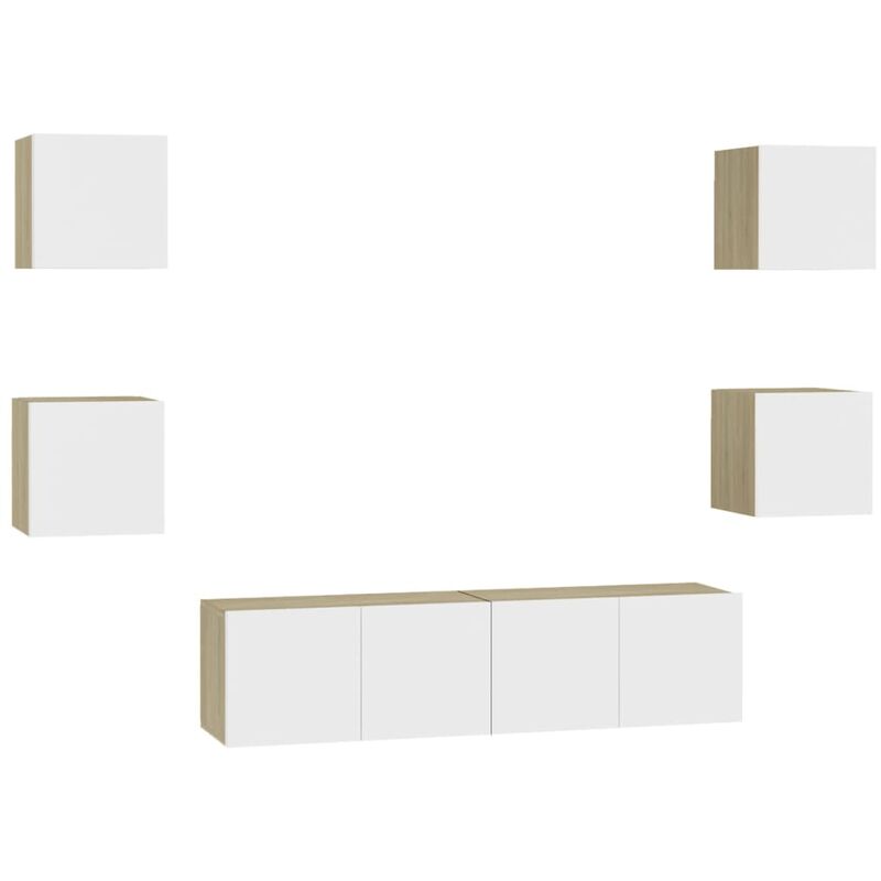 

vidaXL Muebles de pared de TV 6 pzas aglomerado blanco y roble Sonoma - Beige