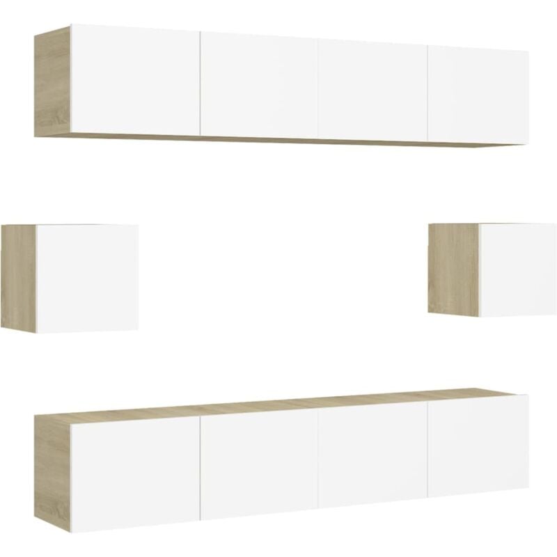 

Muebles de pared de TV 6 pzas aglomerado blanco y roble Sonoma - Beige - Vidaxl