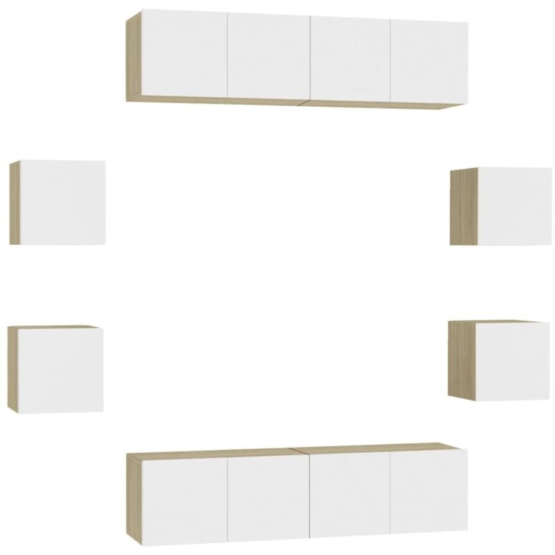 

Muebles de pared de TV 8 pzas aglomerado blanco y roble Sonoma - Blanco - Vidaxl