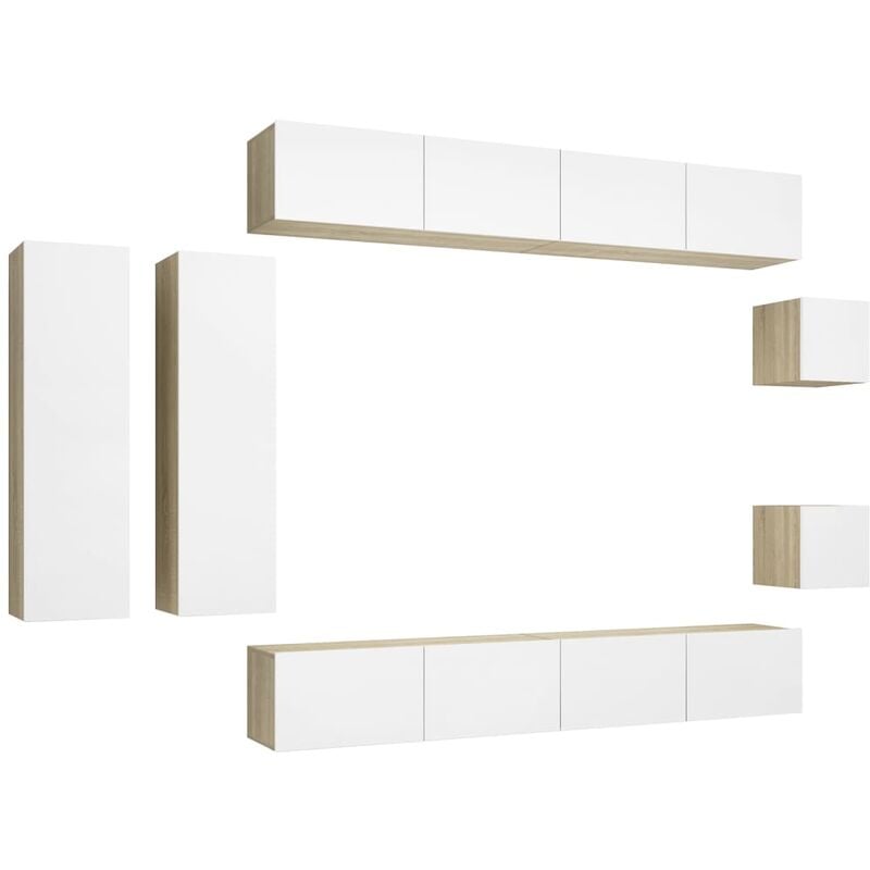 

vidaXL Muebles de pared de TV 8 pzas aglomerado blanco y roble Sonoma - Beige